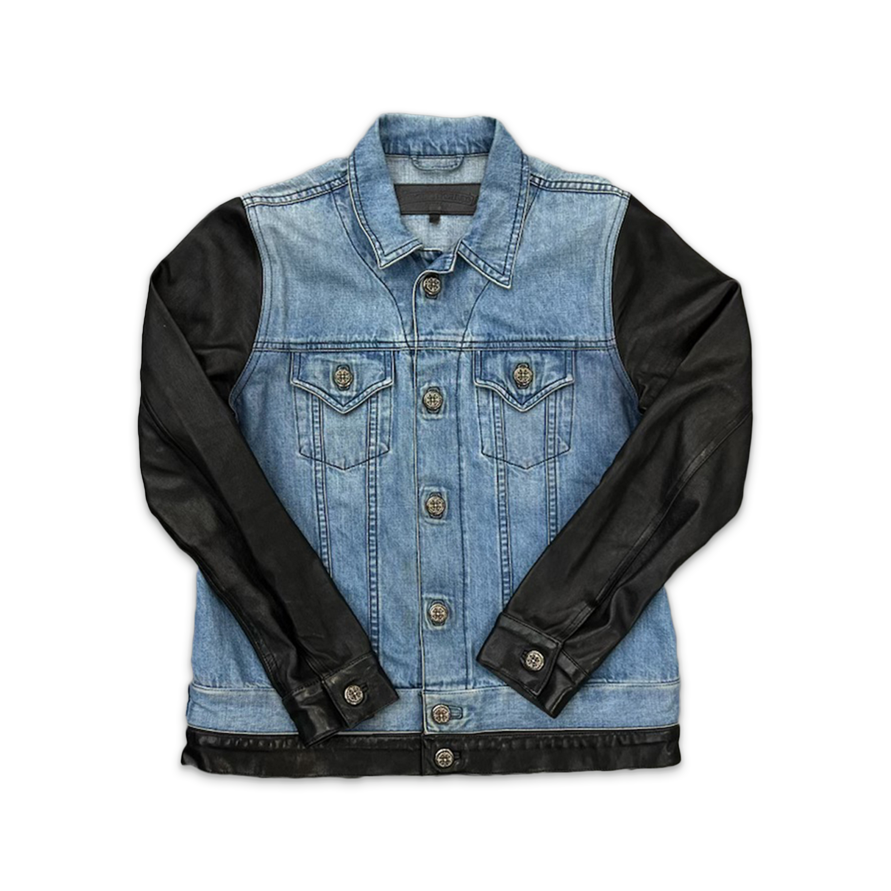 Chrome Hearts, Button Up Faux Leather Sleeve Jacket "Light Wash" (W)