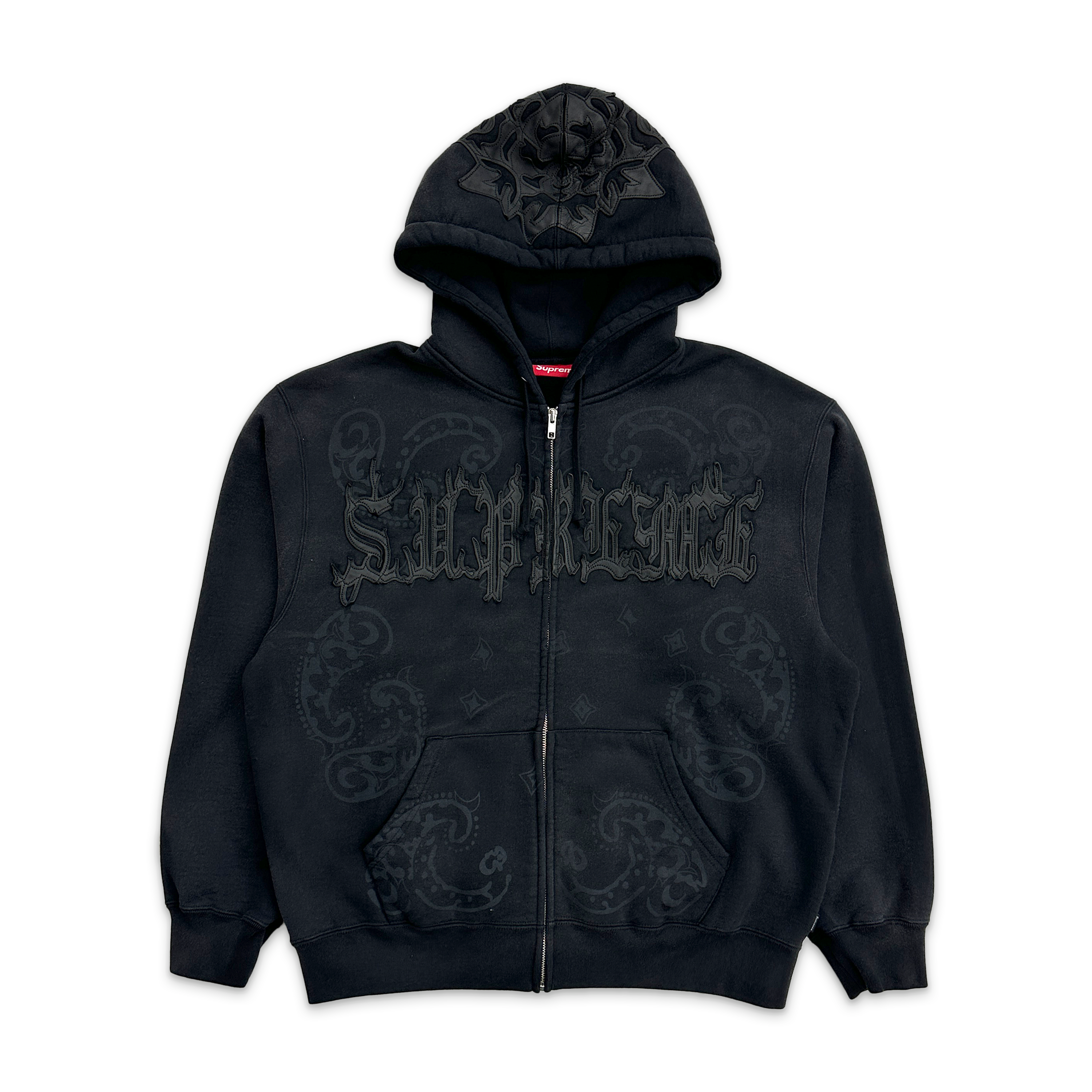 Leather Applique Zip Up Hooded Sweatshirt "Black"