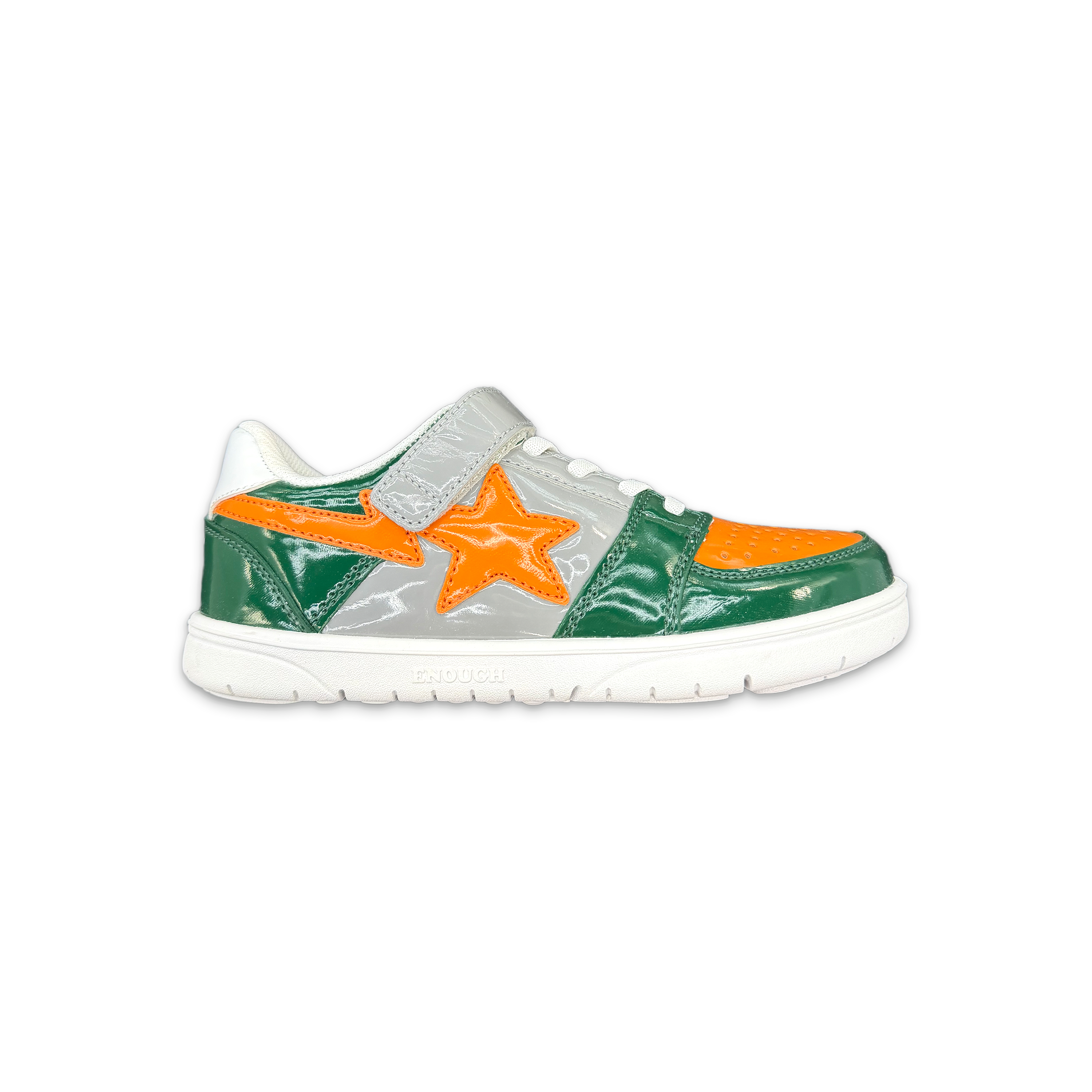 A Bathing Ape (BAPE), Kids Bapesta Patent Leather Low "Grey Orange Green"