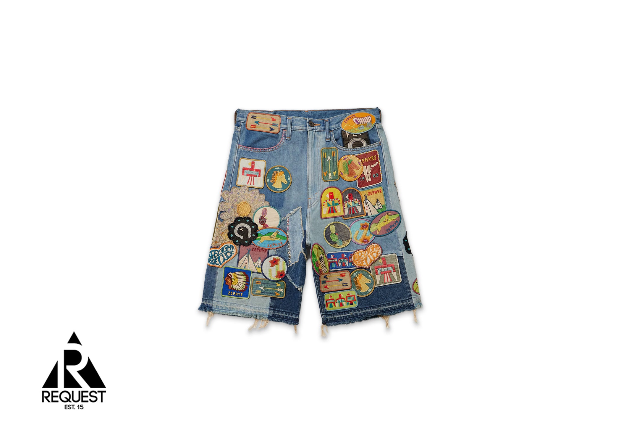 Kapital Straight Leg Appliquéd Denim Shorts "Blue"