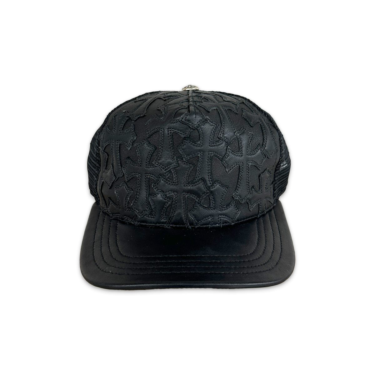 Cemetery Cross Leather Stitched Trucker Hat 