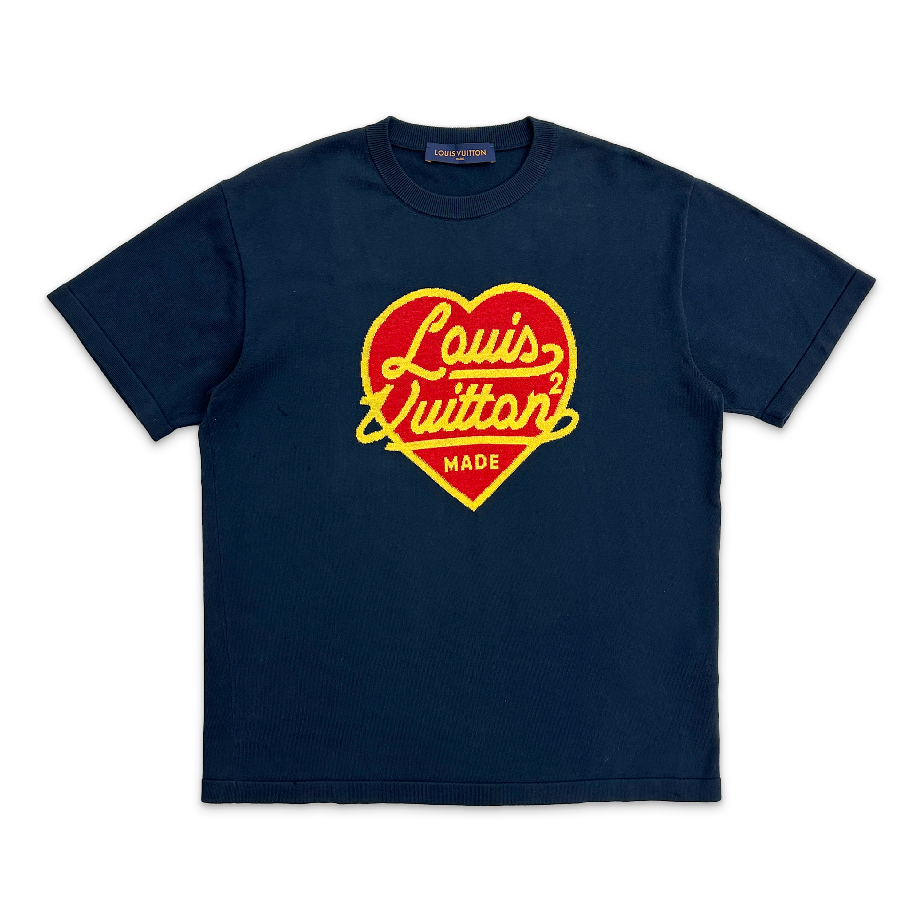 Louis Vuitton, x Nigo Human Made Intarsia Jacquard Heart Crewneck Tee “Navy”