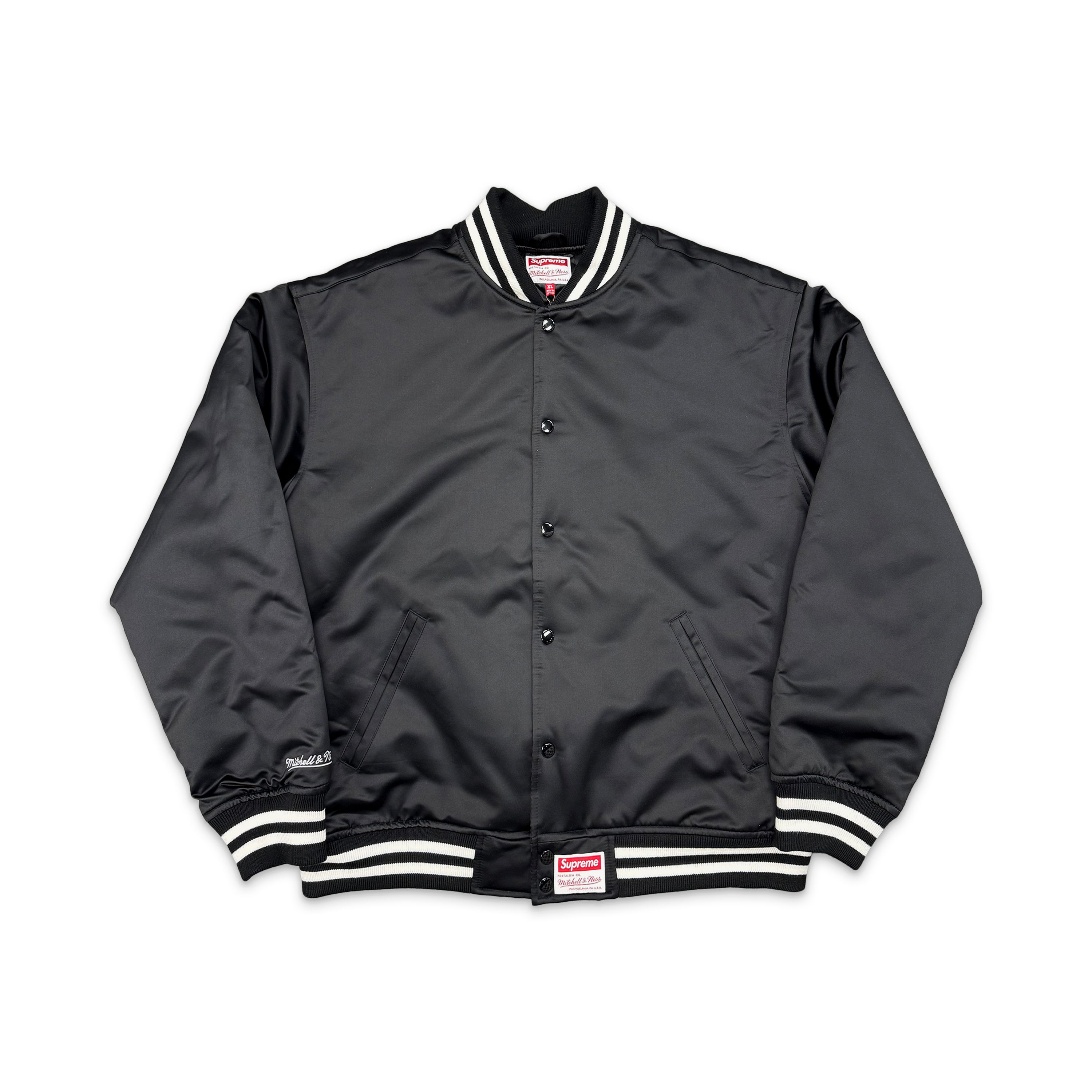 Supreme, Mitchell & Ness Satin Varsity Jacket “Black”