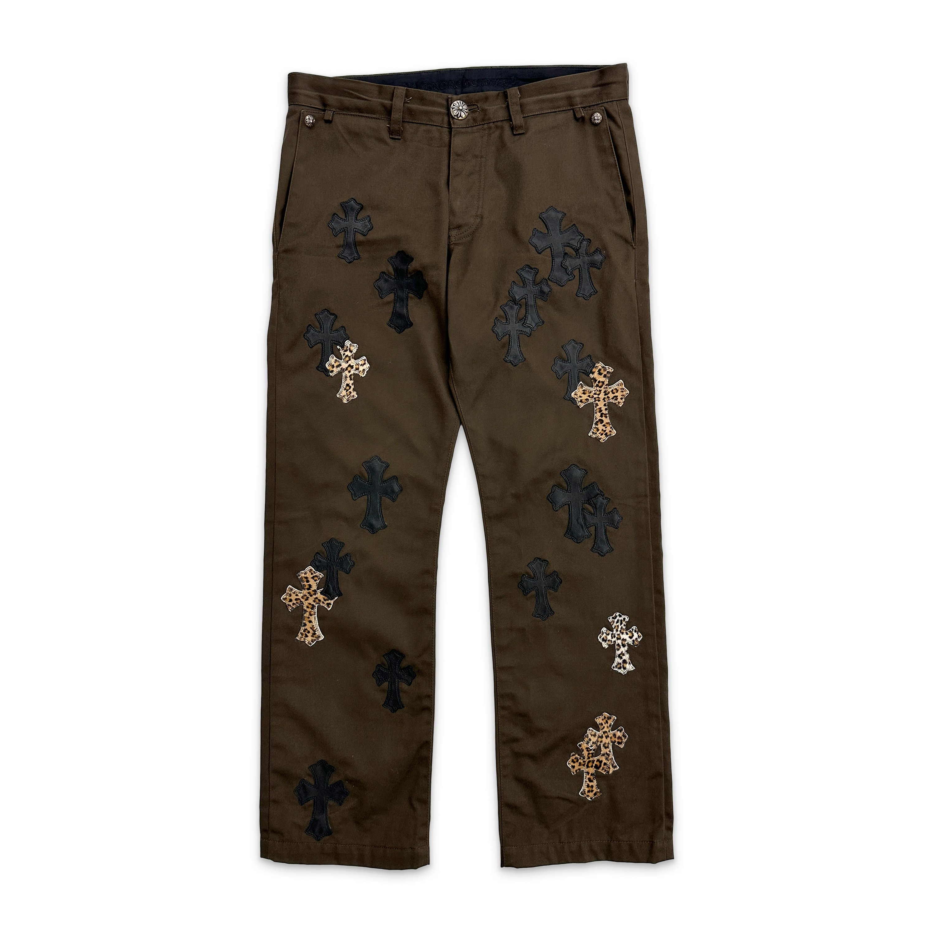Mocha Chino Pants "Black Leather & Leopard Pony Hair Crosses"