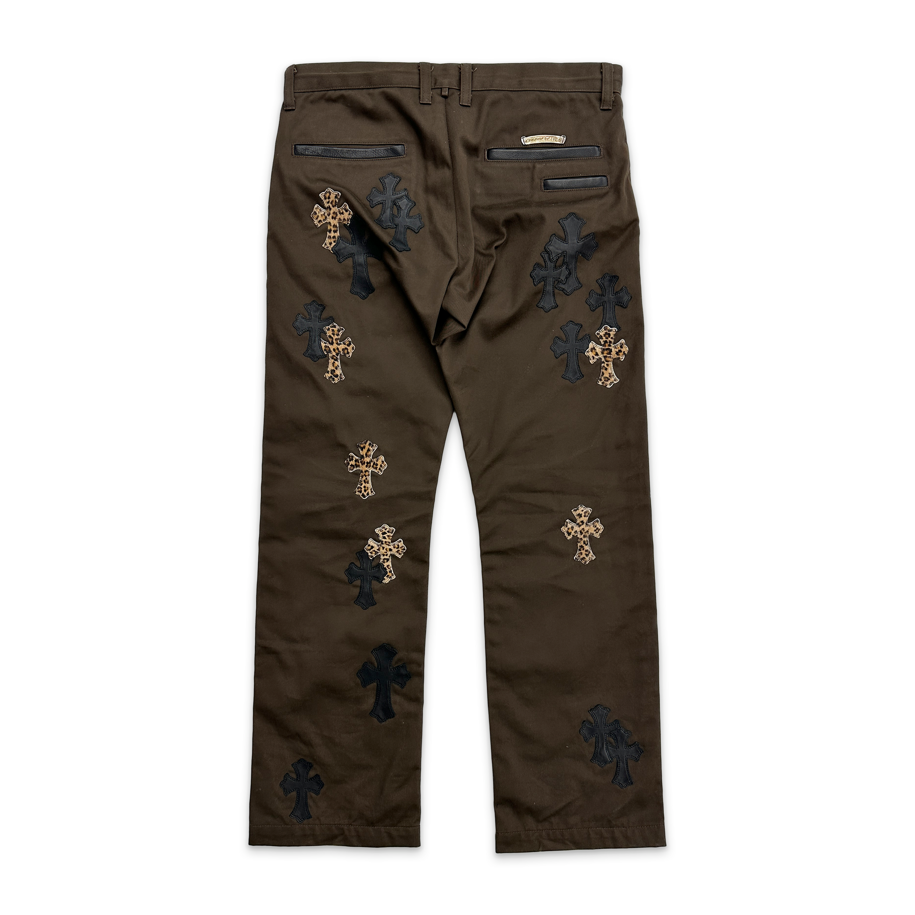 Mocha Chino Pants "Black Leather & Leopard Pony Hair Crosses"