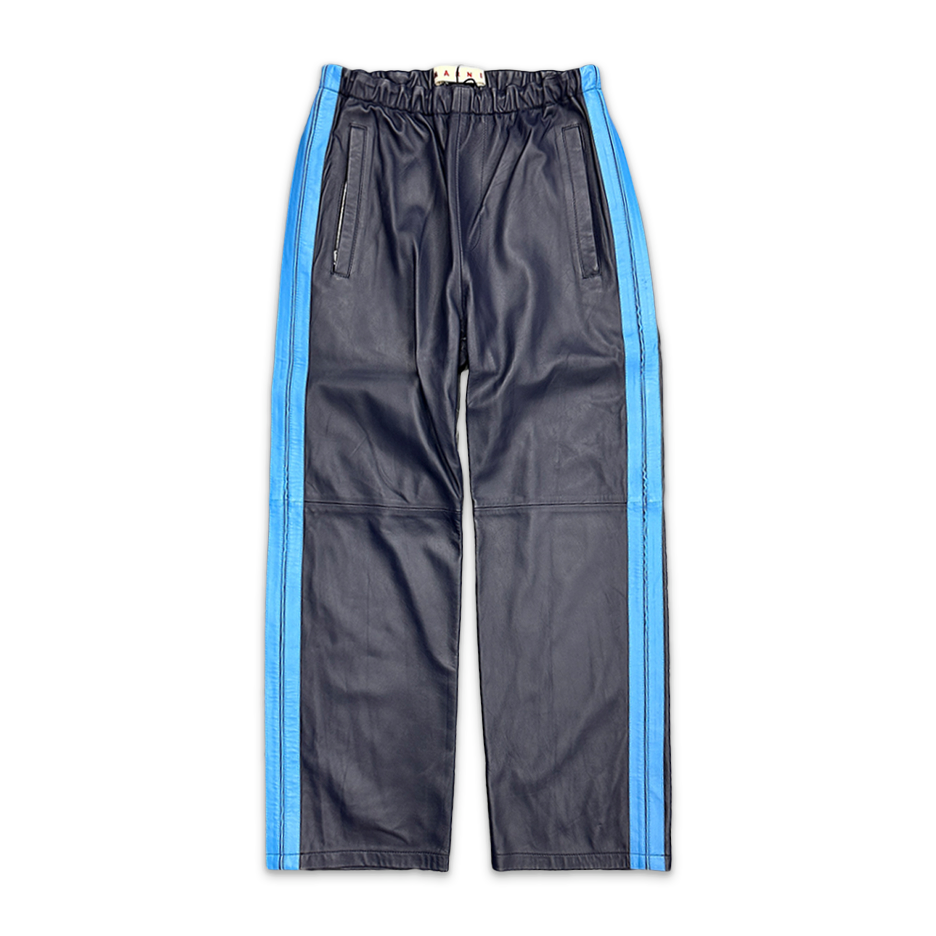 Straight-Leg Paneled Striped Leather Pants "Navy"