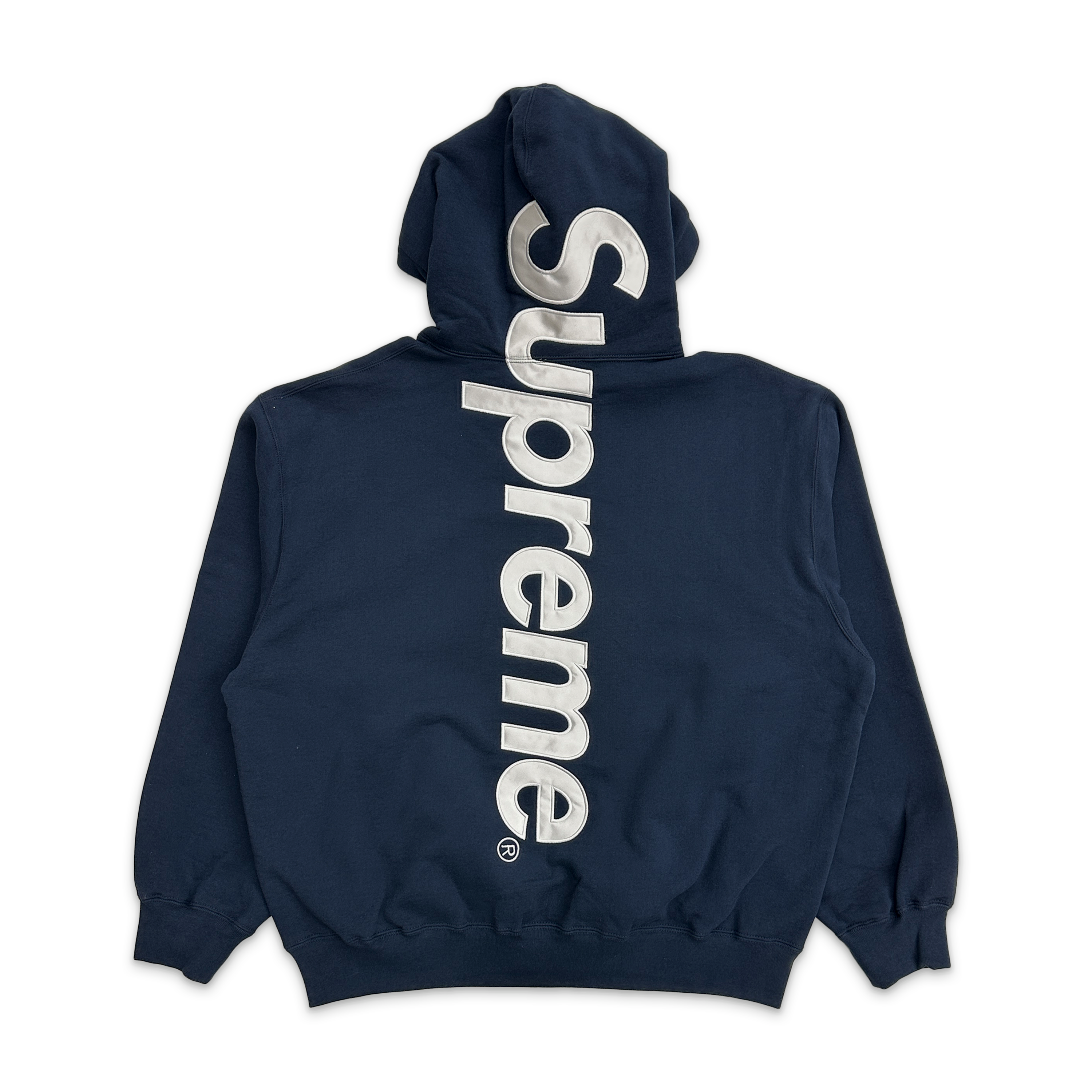 Supreme, Satin Appliqué Hooded Sweatshirt SS26 “Navy"