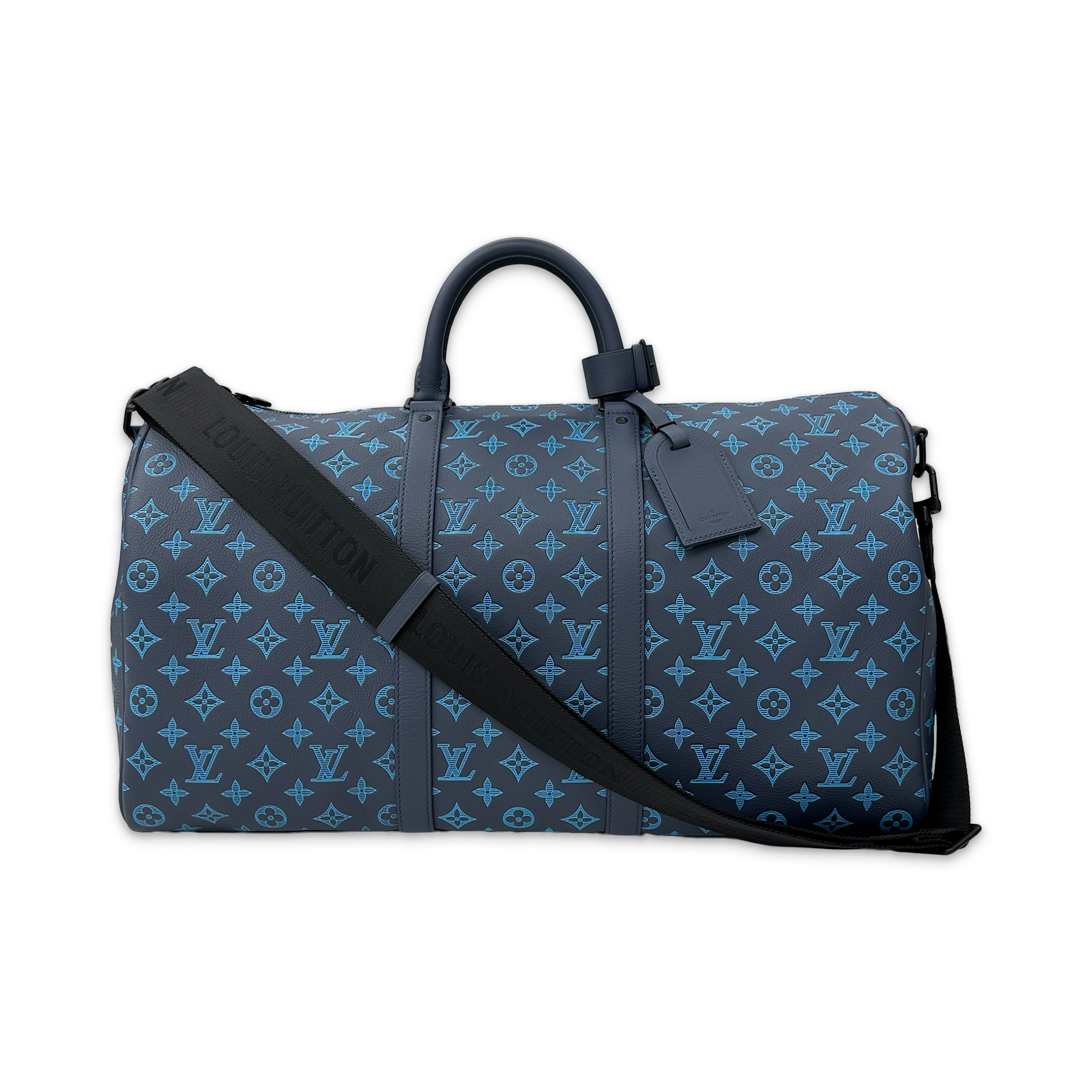 Louis Vuitton, Keepall Leather Bandouliere 50 "Navy River Blue Monogram Shadow"