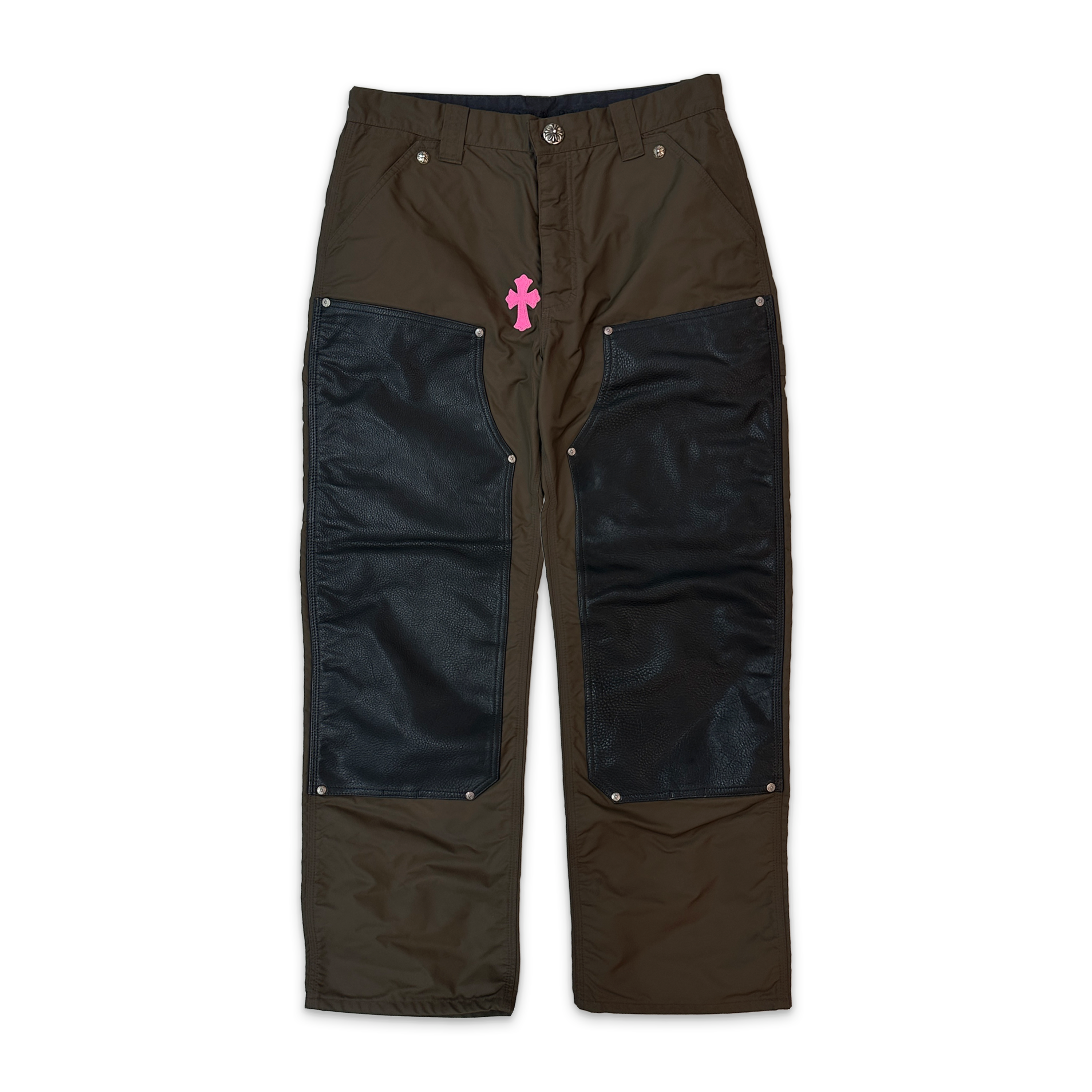 Nylon Leather Knee Carpenter Pants W/ Two Crosses "Brown"