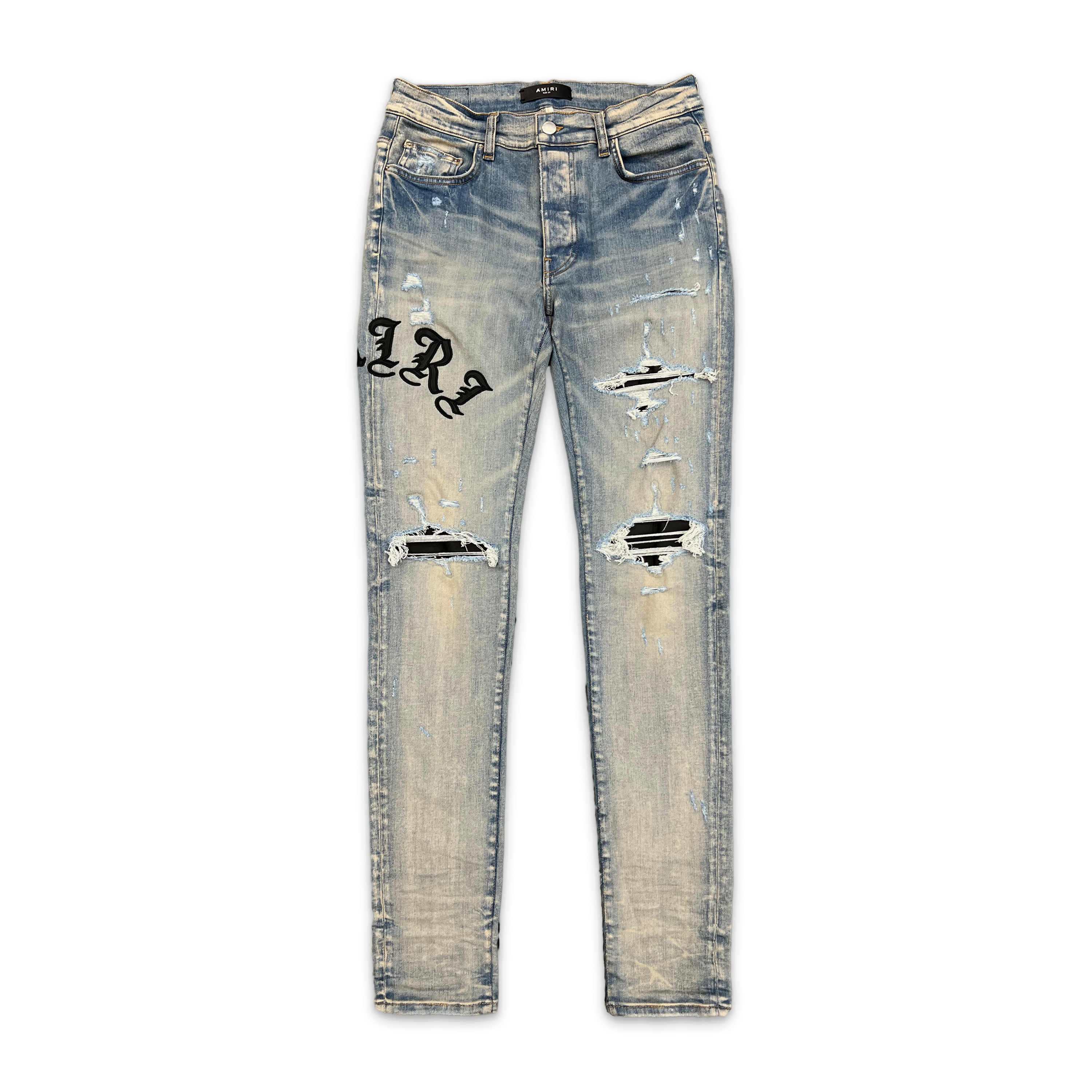 Amiri, Old English Black Leather Jeans "Clay Indigo"