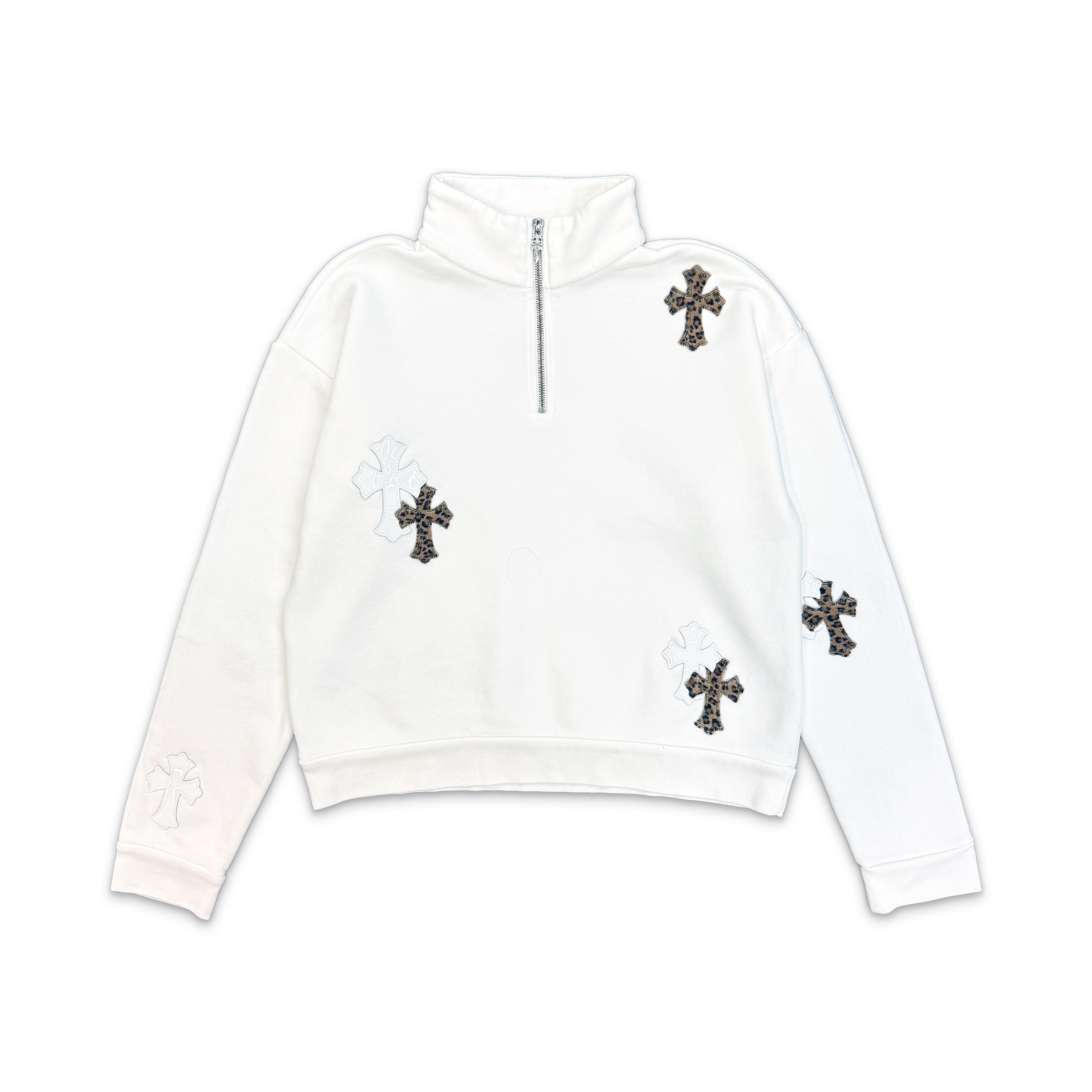 Chrome Hearts, White & Leopard Cross Patch Quarter Zip Sweatshirt "White"