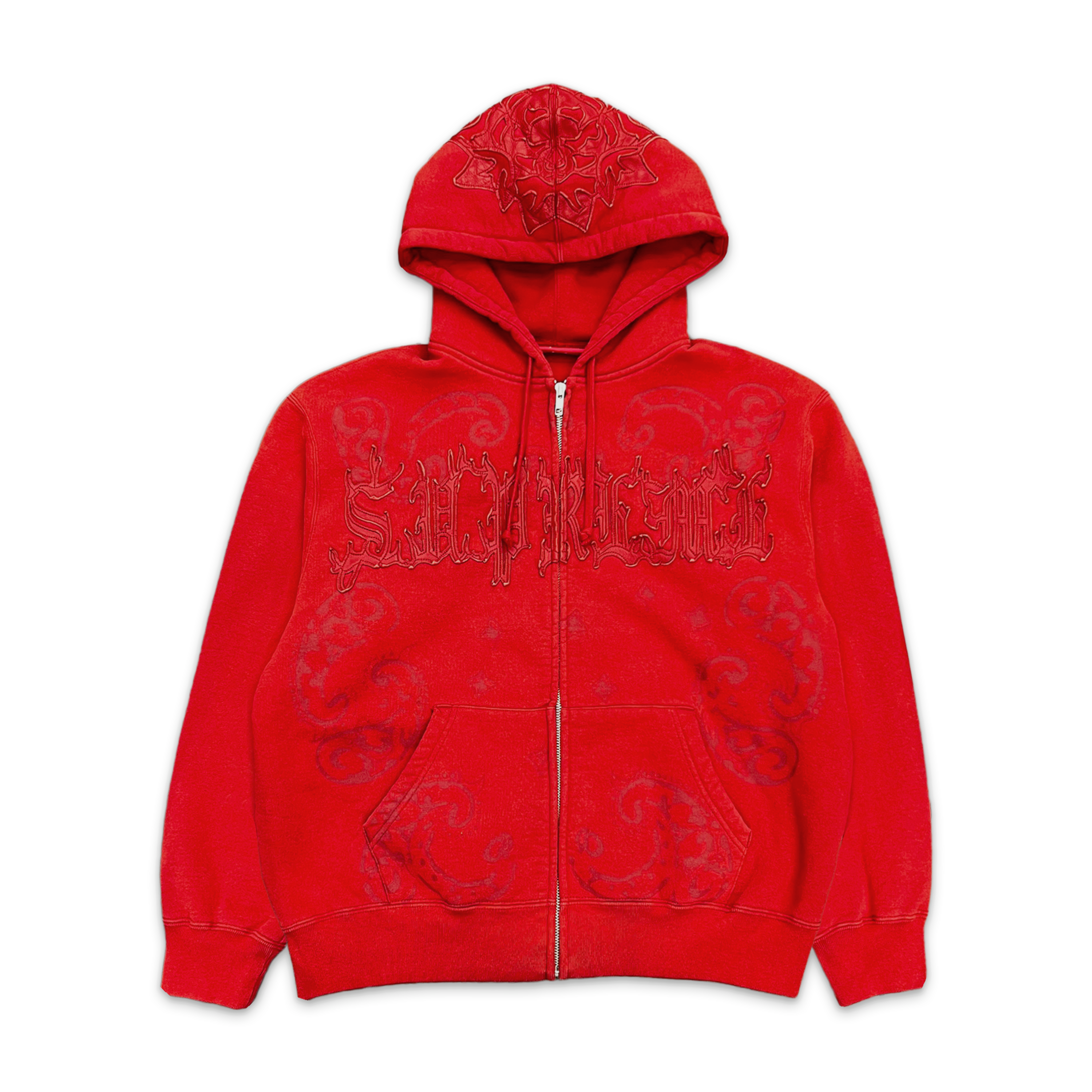 Leather Applique Zip Up Hooded Sweatshirt "Burnt Red"