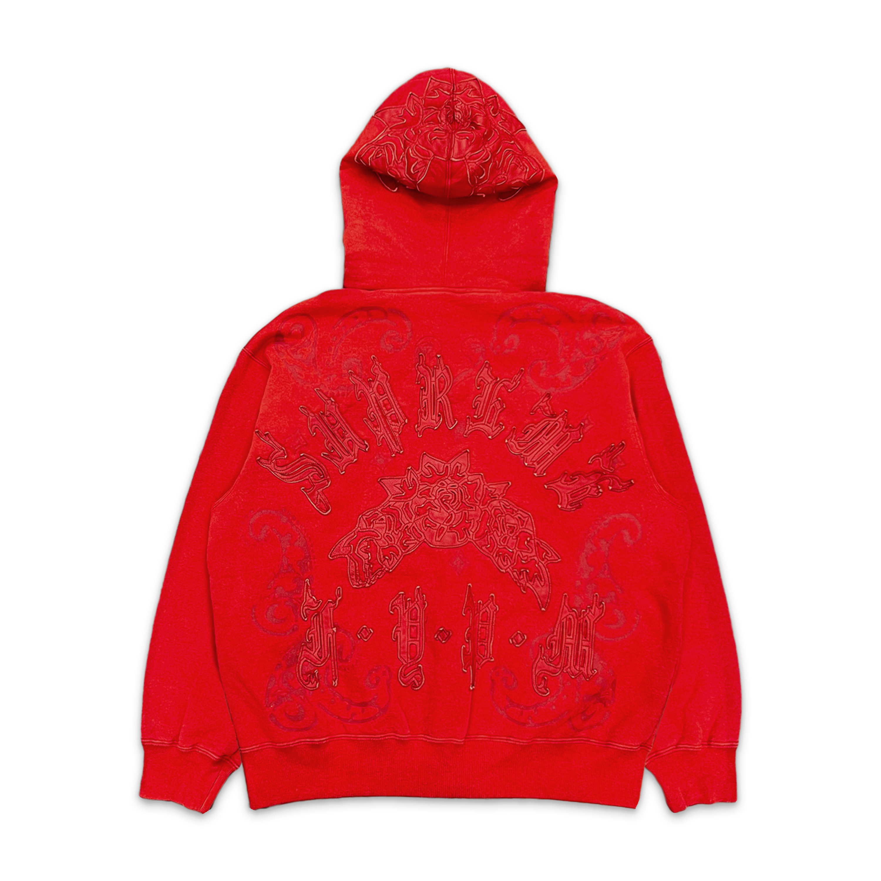 Leather Applique Zip Up Hooded Sweatshirt "Burnt Red"