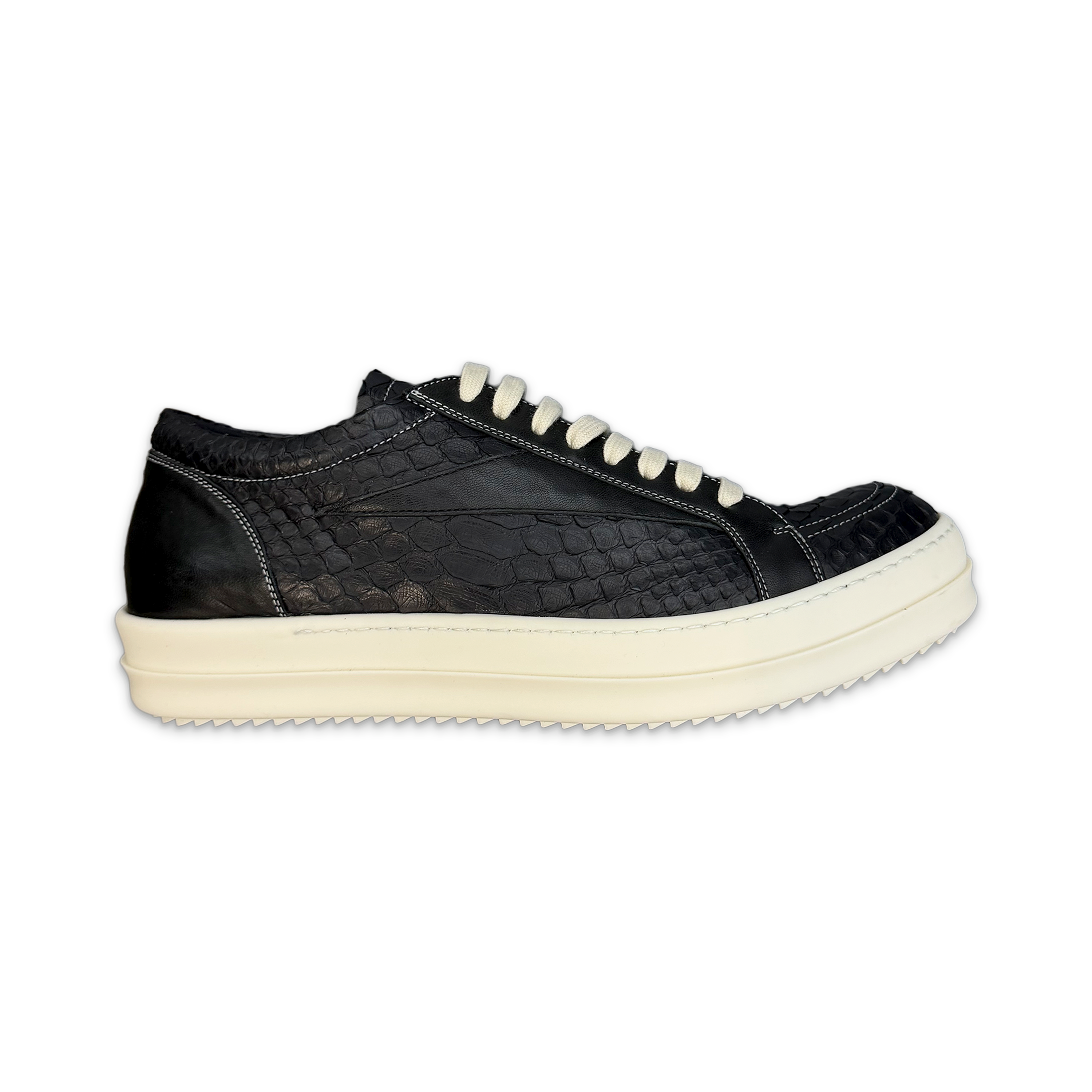 Rick Owens, Temple Embossed Python Leather Vintage Sneaks Low "Black Milk"