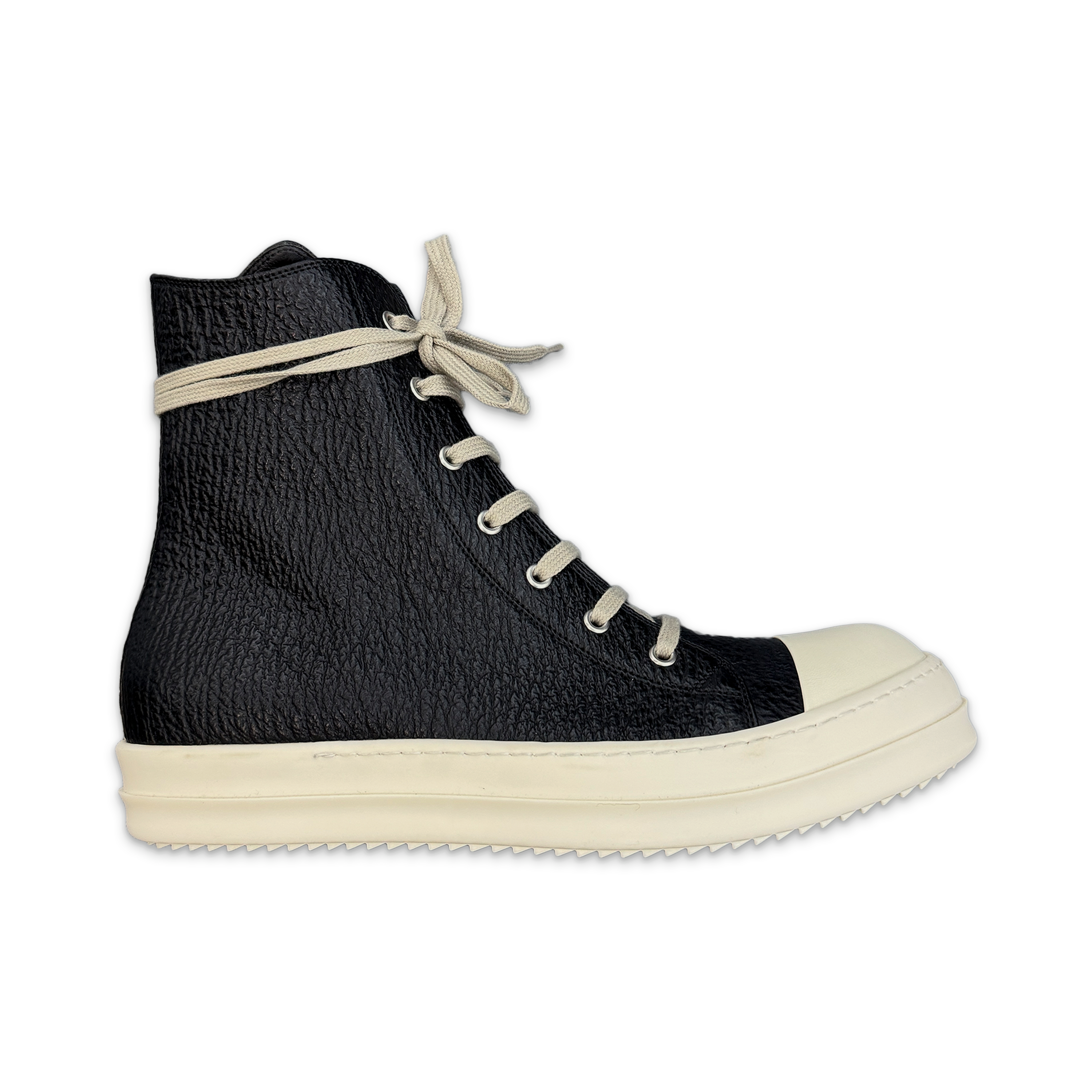 Rick Owens, Scarpe In Pelle Textured Leather Ramones Lace High  "Black Milk"