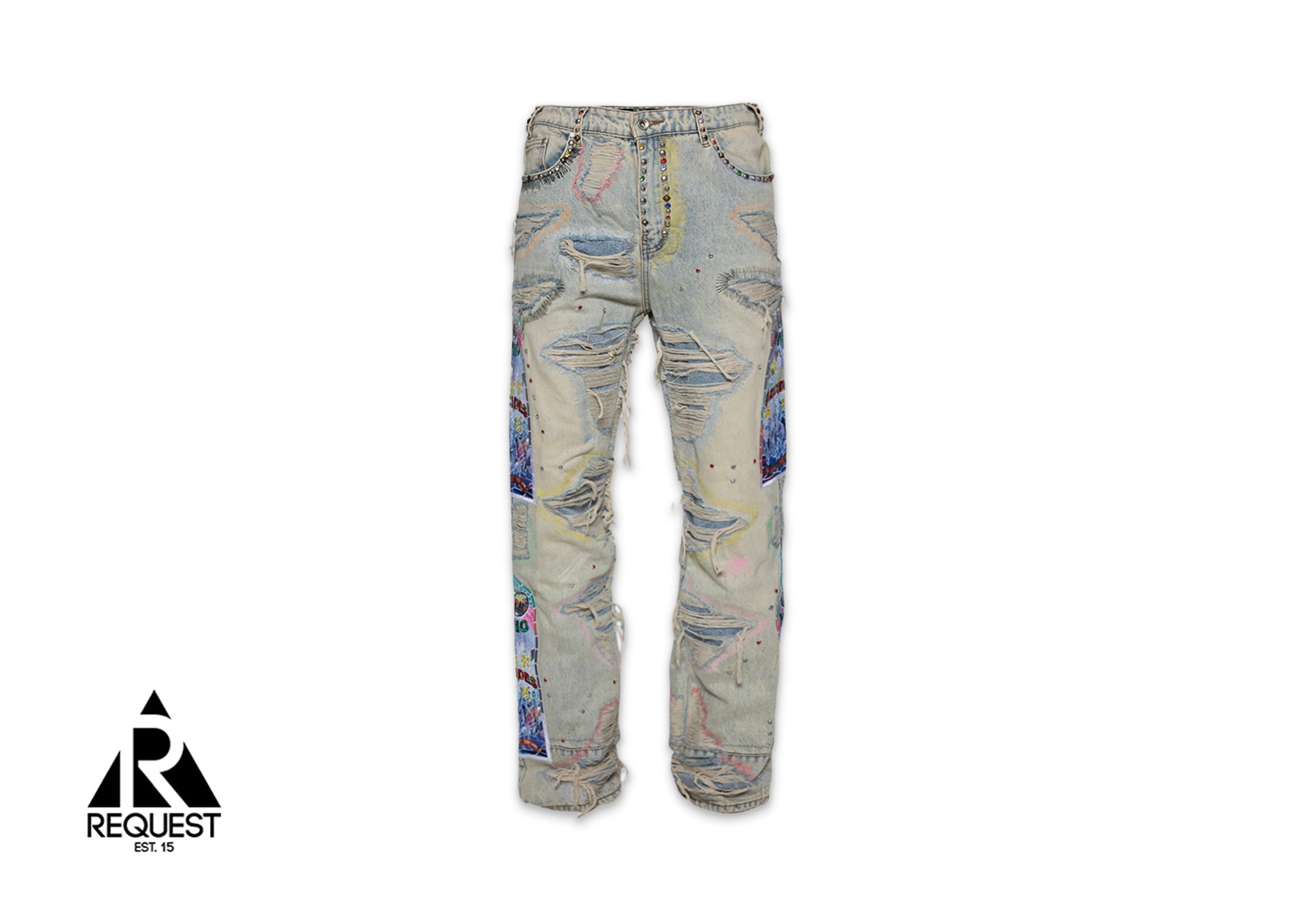 Who Decides War, Studded Distressed Denim W/ Side Embroidery "Sky"