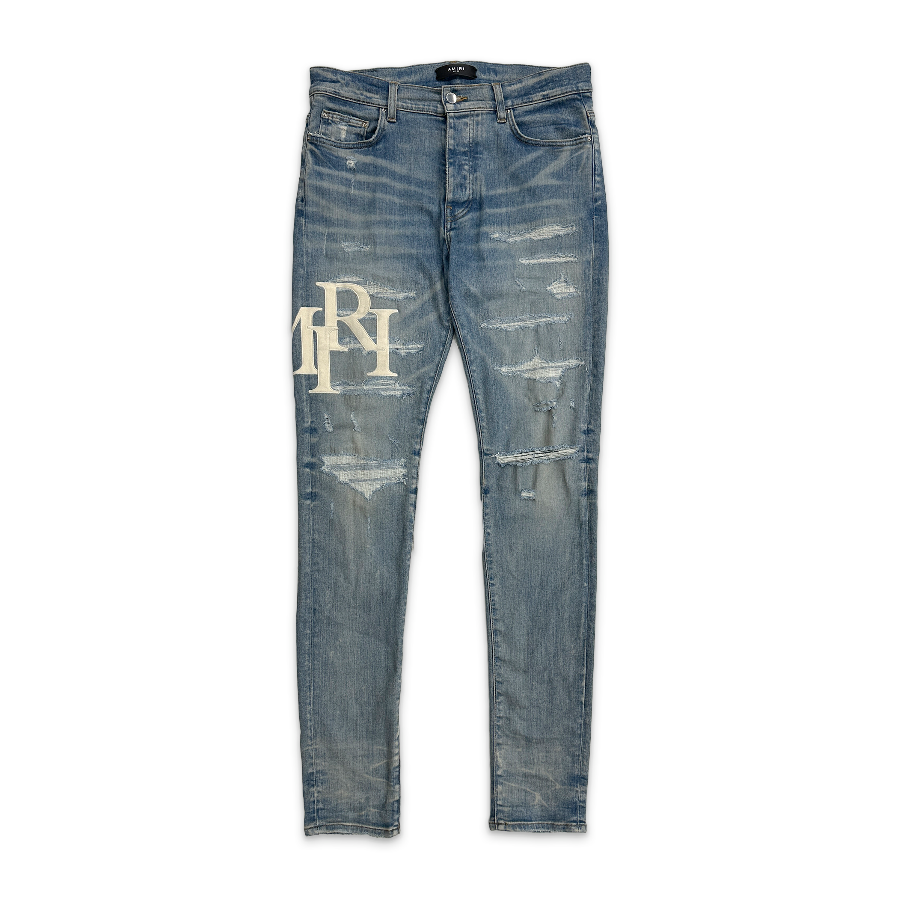 White Suede Staggered Logo Jeans "Clay Indigo"
