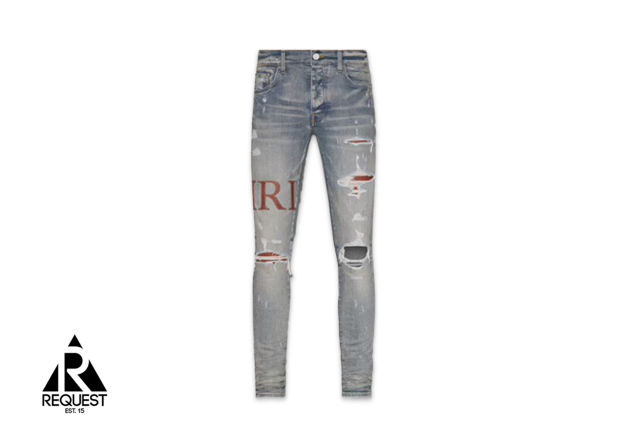 Amiri Brown Leather Stitch Logo Denim "Clay Indigo"