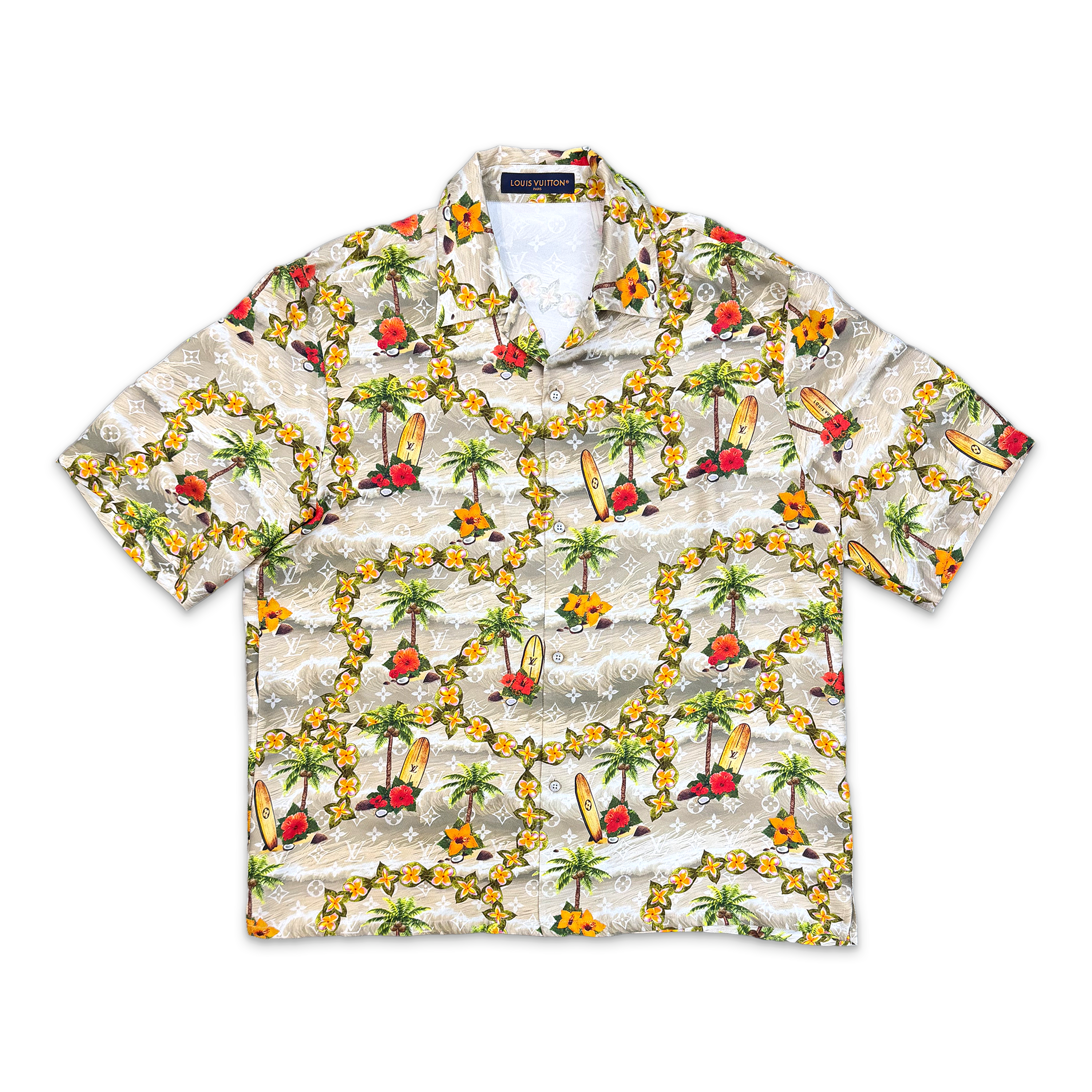 Louis Vuitton, Silk Beach Monogram Button Up Shirt "Beige Green"