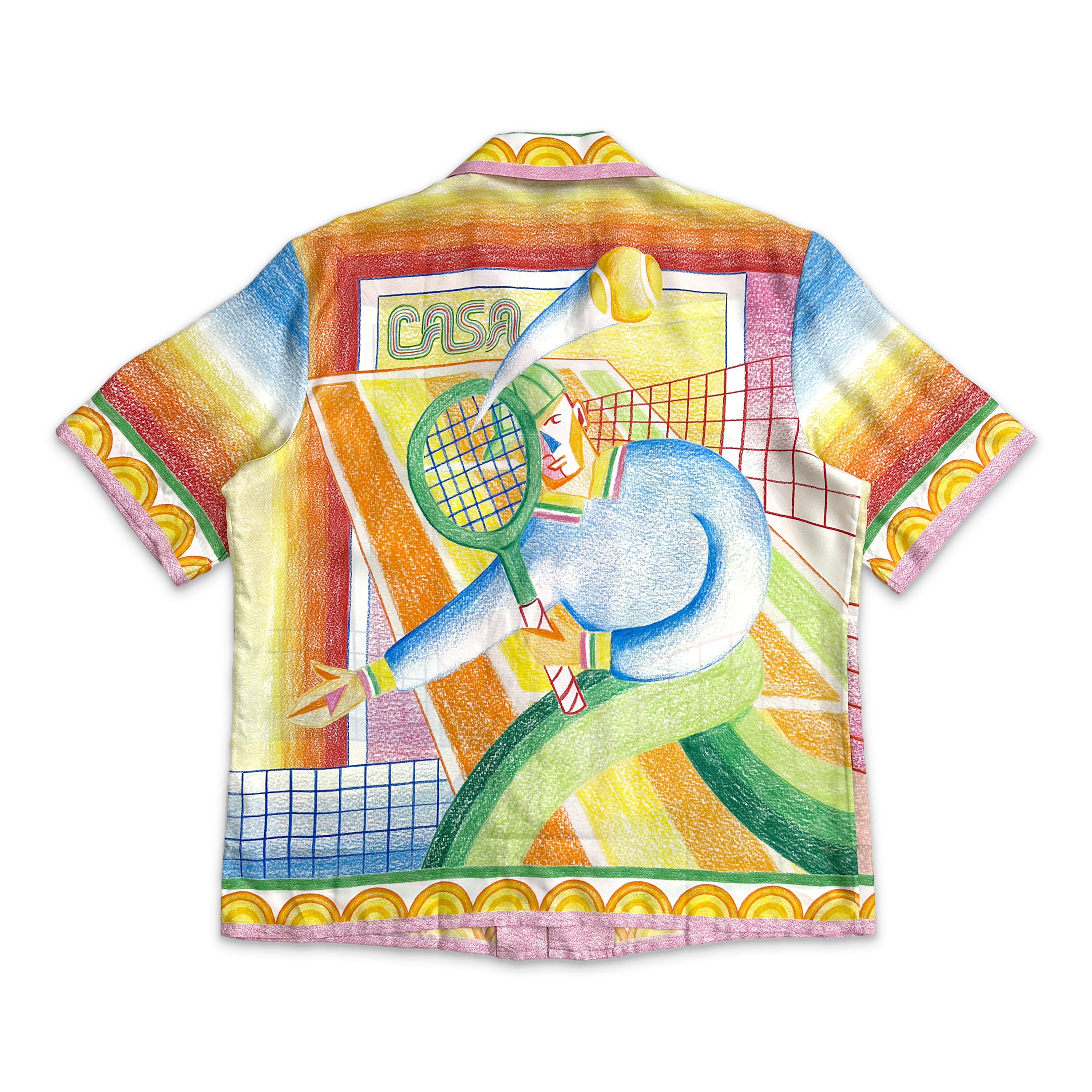 Casablanca, Silk Twill Cuban Collar S/S Button Up "Crayon Tennis Player"
