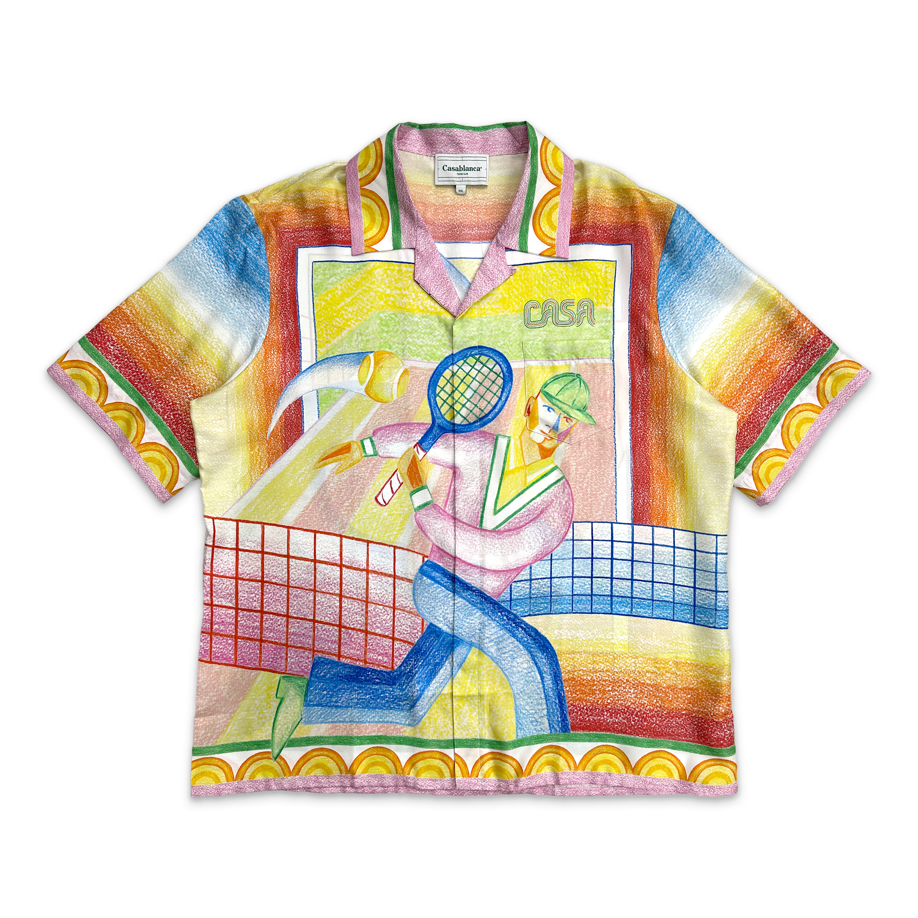 Silk Twill Cuban Collar S/S Button Up "Crayon Tennis Player"