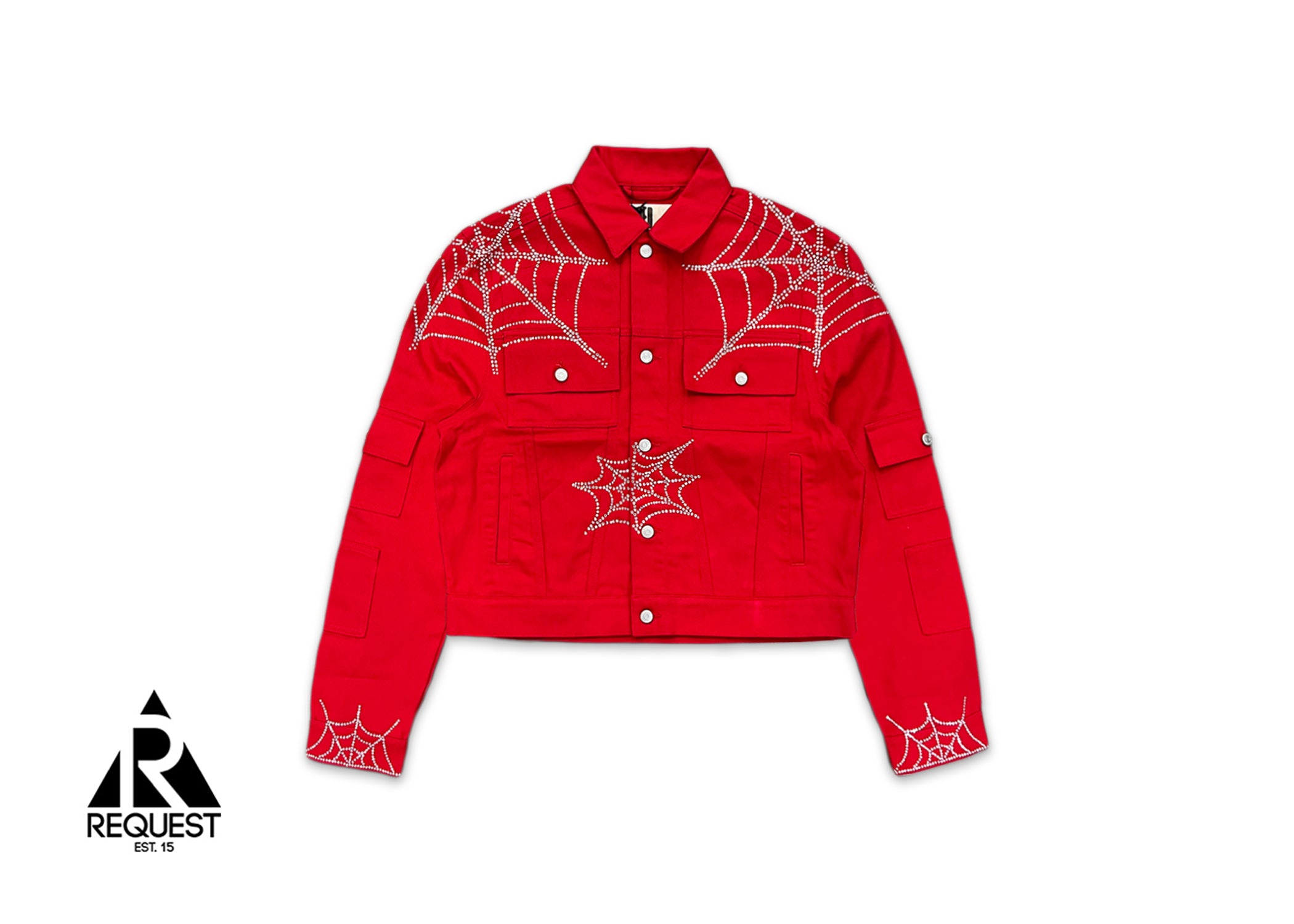 Crystal Web Denim Cropped Trucker Jacket "Red"