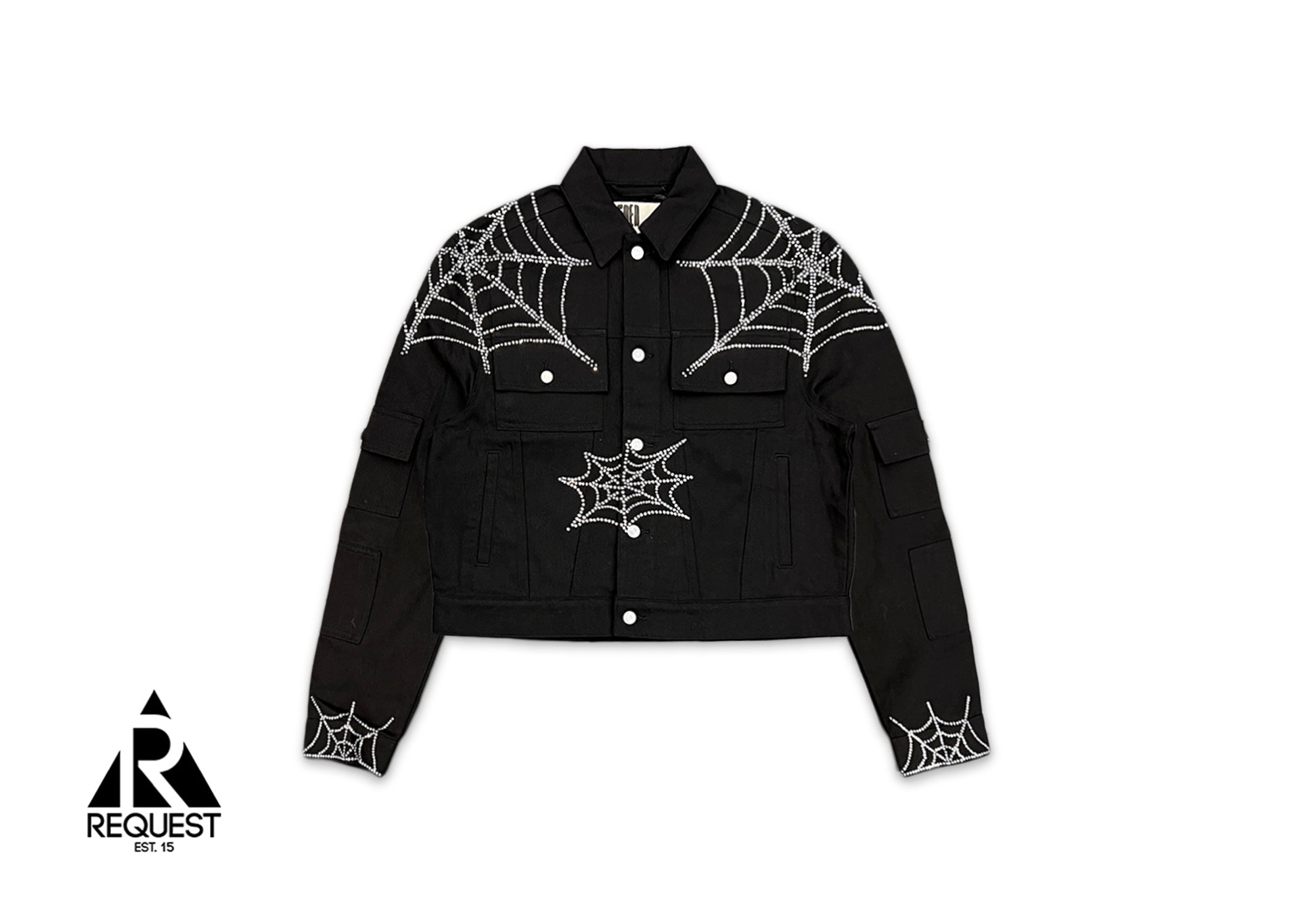 Crystal Web Denim Cropped Trucker Jacket "Black"