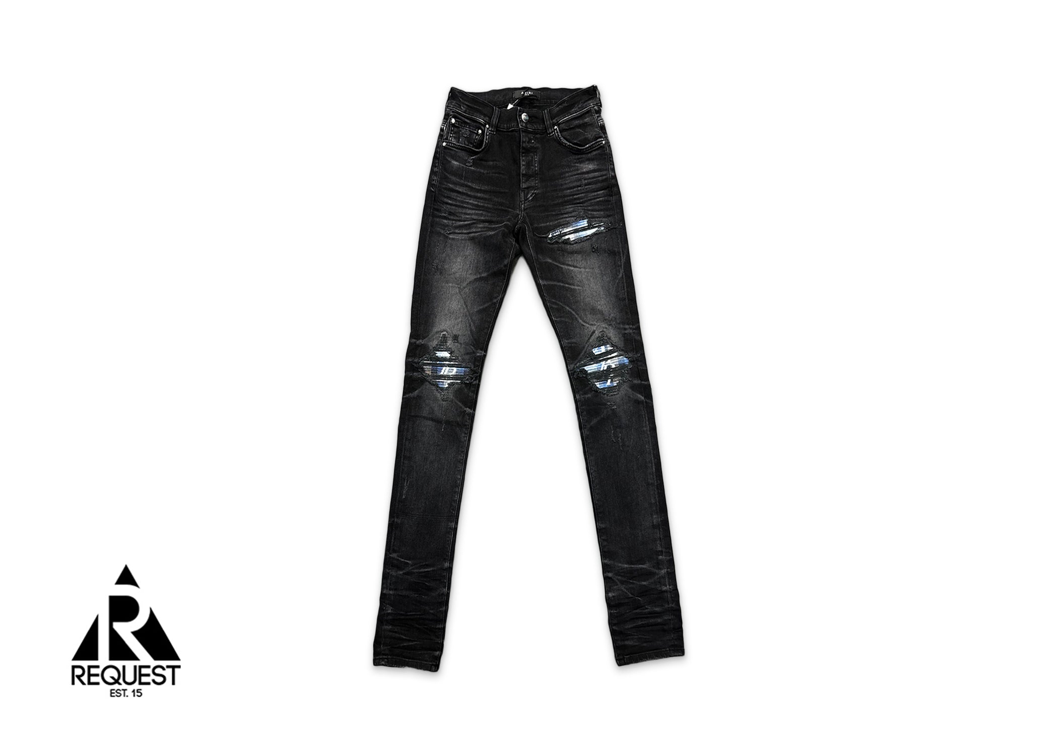 Amiri Blue Plaid Ripped  MX1 Aged Jeans "Faded Black"