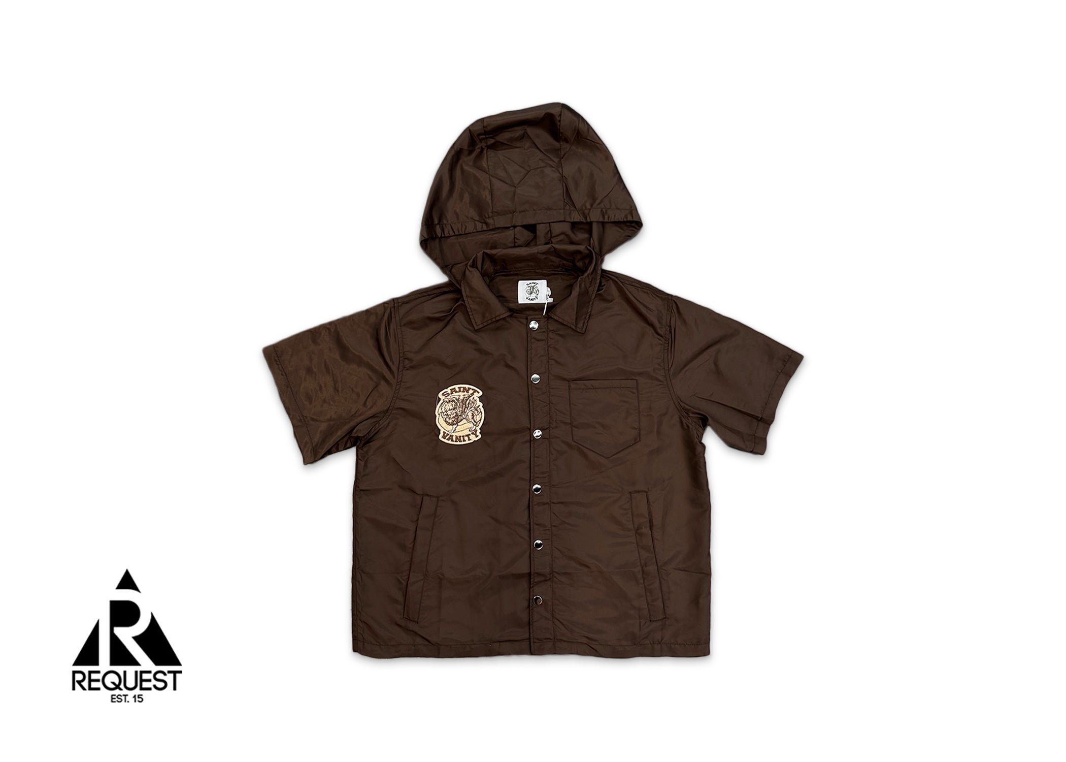 Nylon Button Zip Up Tee W/ Attachable Hood "Brown"