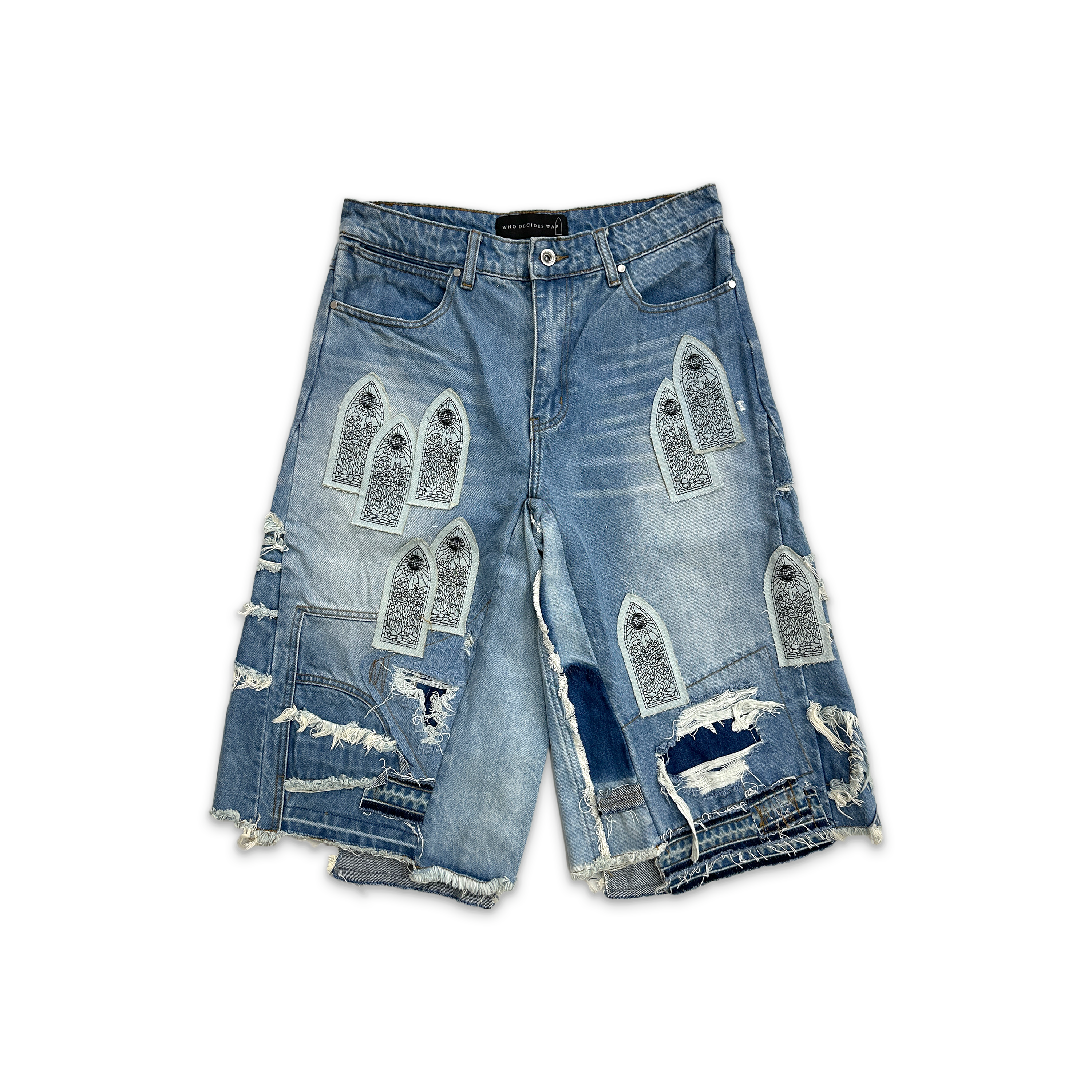 Who Decides War, Patched Arch Blowout Denim Shorts "Sky"