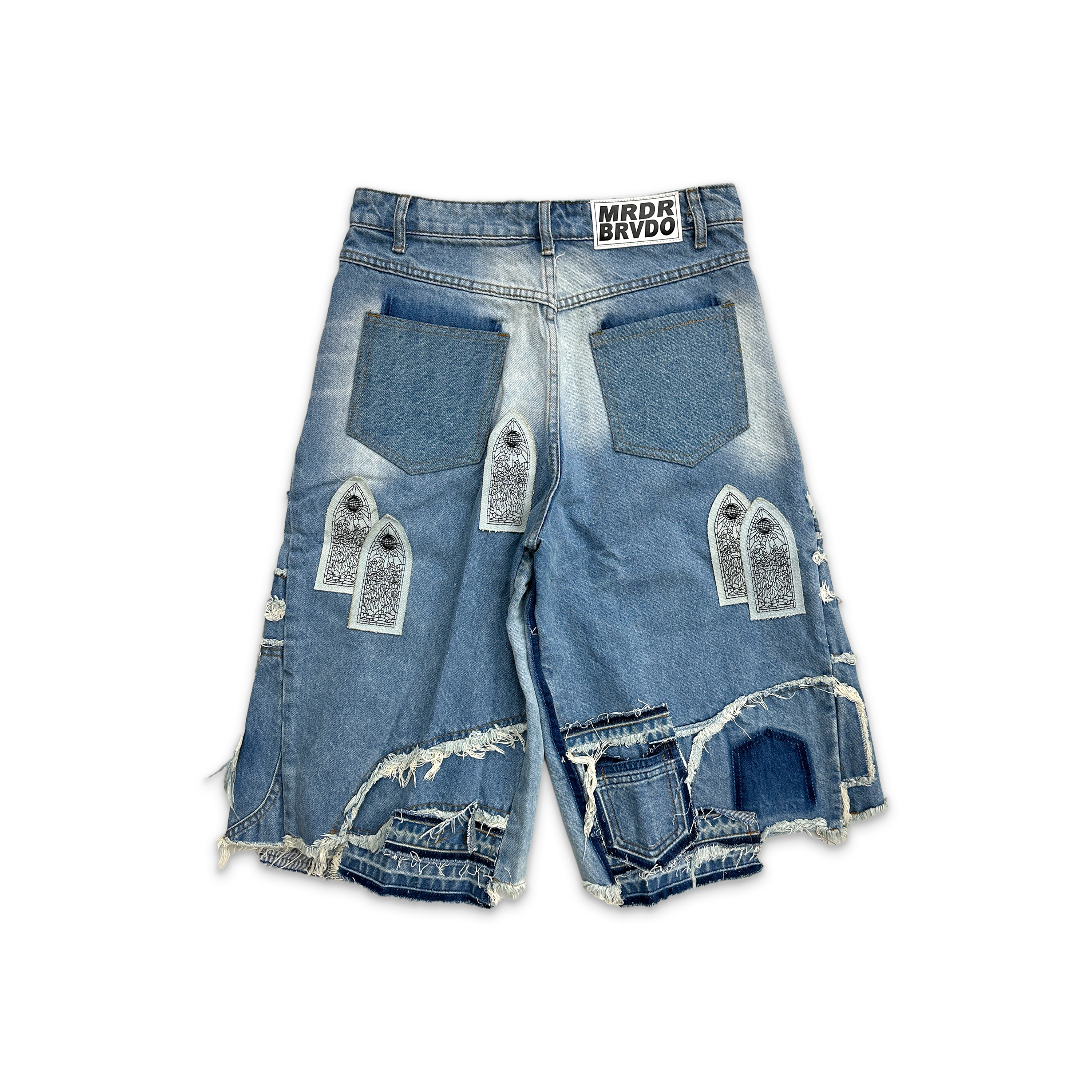 Who Decides War, Patched Arch Blowout Denim Shorts "Sky"