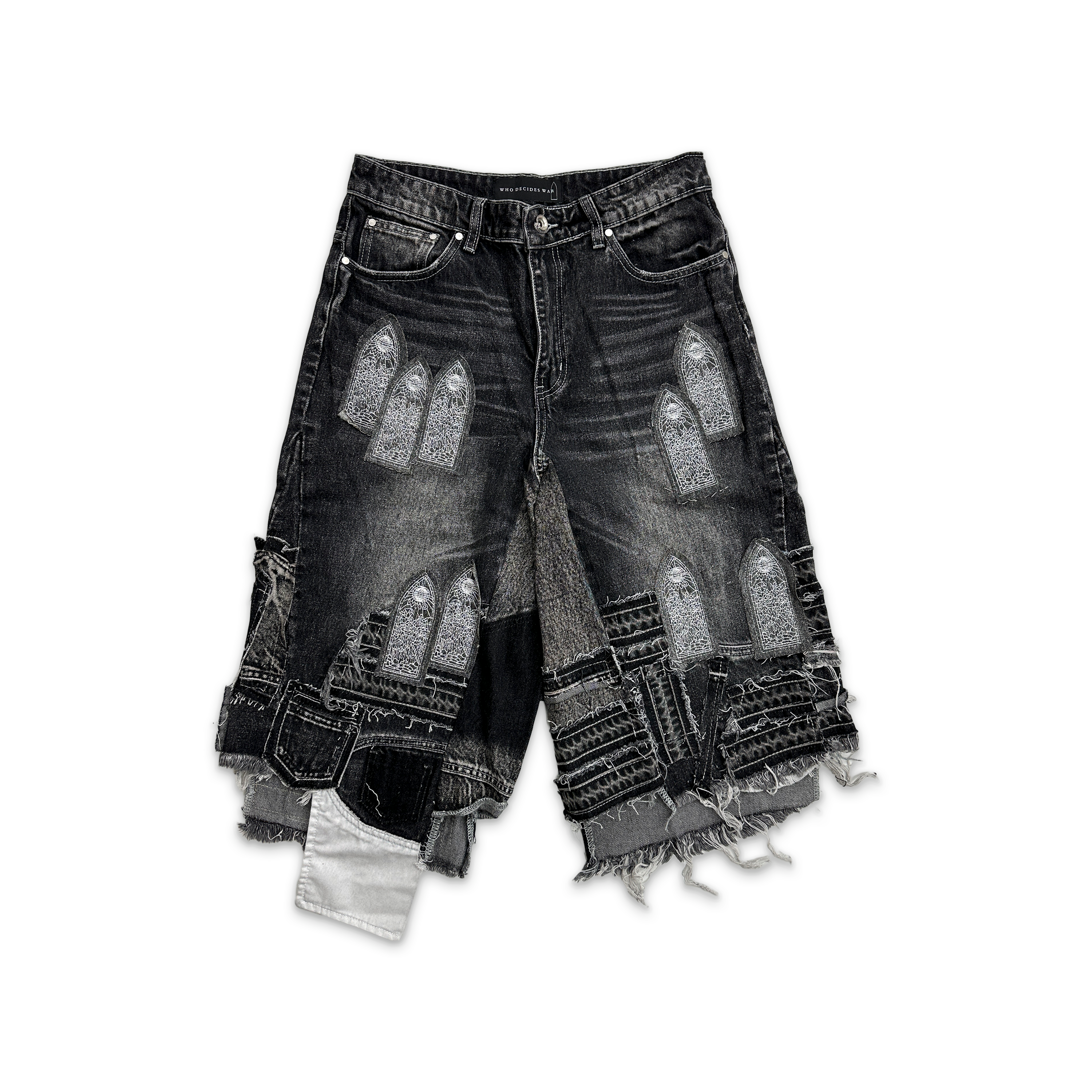 Who Decides War, Patched Arch Blowout Denim Shorts "Vintage Grey"