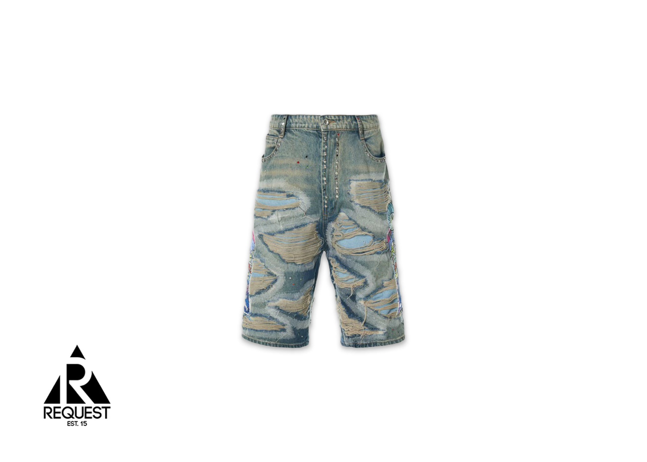 Who Decides War Chrome Stud Embroidered Denim Shorts "Blue"