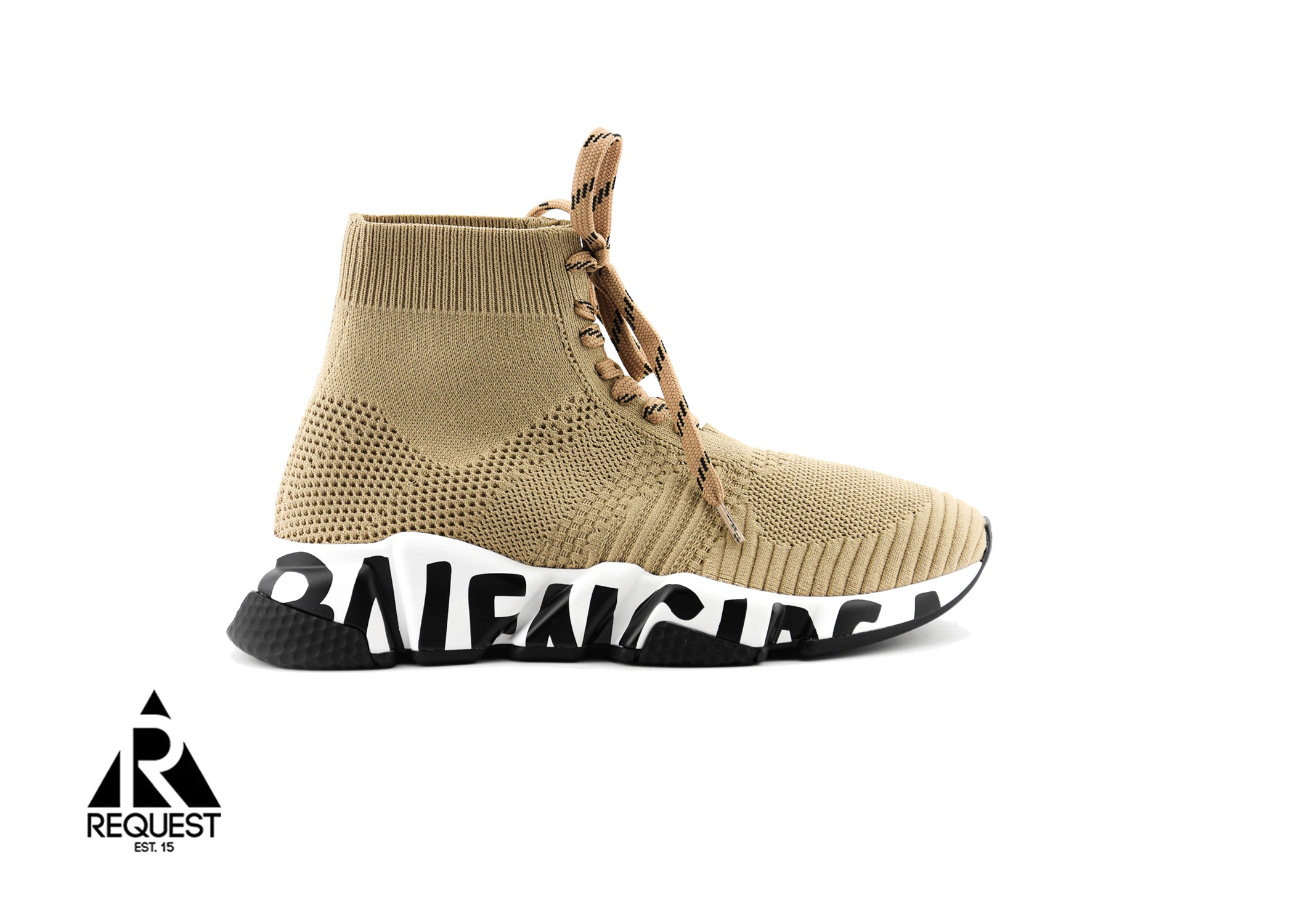 Balenciaga Speed Trainer “Beige Ribbed Knit Graffiti Sole Laced Up”