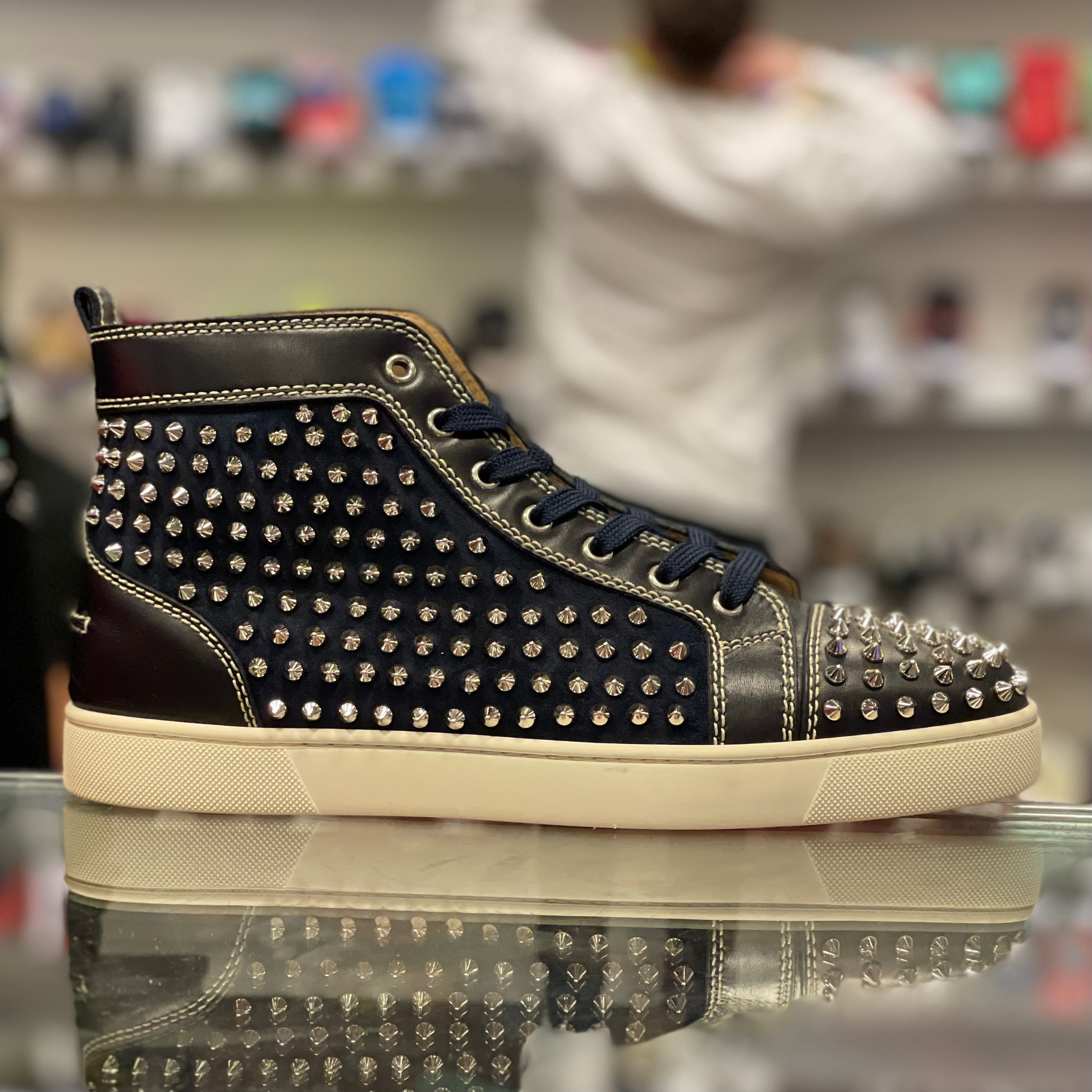 Christian Loubotin Orlato High “Navy Metallic Spikes”