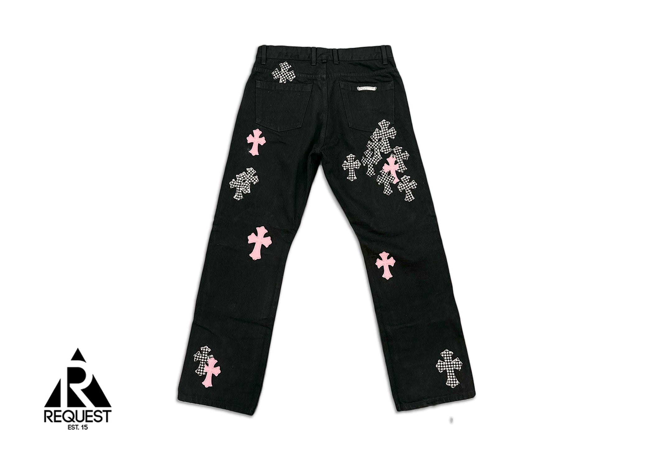 Chrome Hearts Fleur Knee Pink and Checkered Cross Denim Jeans Black
